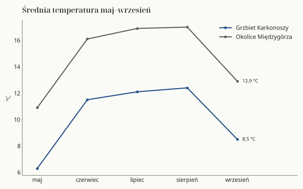Wykres: średnia temperatura maj–wrzesień na grzbiecie Karkonoszy i w okolicach Międzygórza